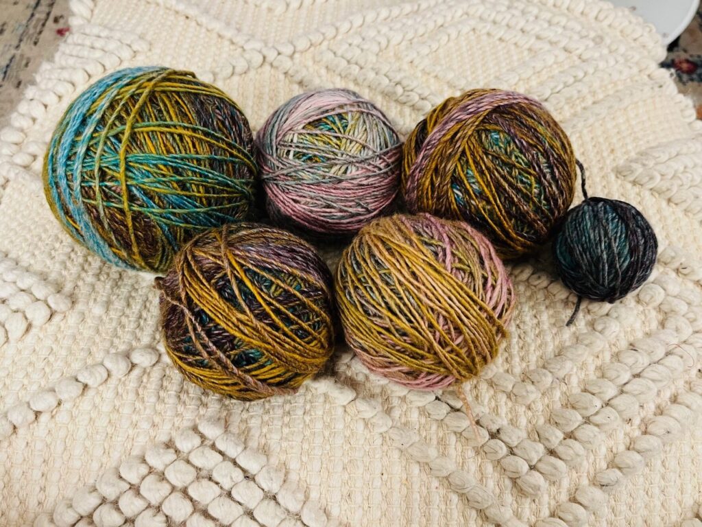 Balls of yarn wound up after frogging